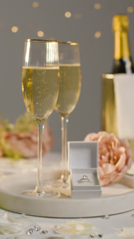 Vertical-Video-Of-Table-Set-For-Romantic-Marriage-Proposal-With-Champagne-And-Engagement-Ring-In-Box